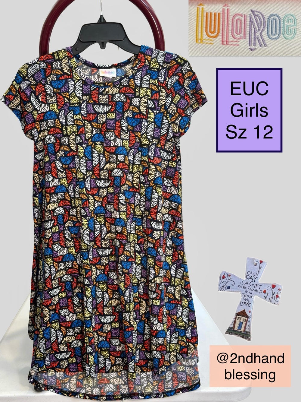 EUC LuLaRoe Girls Scarlett Dress, Sz 12, Geo Print - Blue, Red, Purple